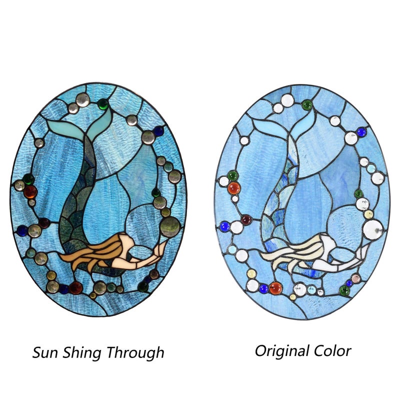 Bieye W10064 Mermaid Tiffany Style Stained Glass Window Panel with Chain, Oval Shape, 13â€W x 18" H - Image 2